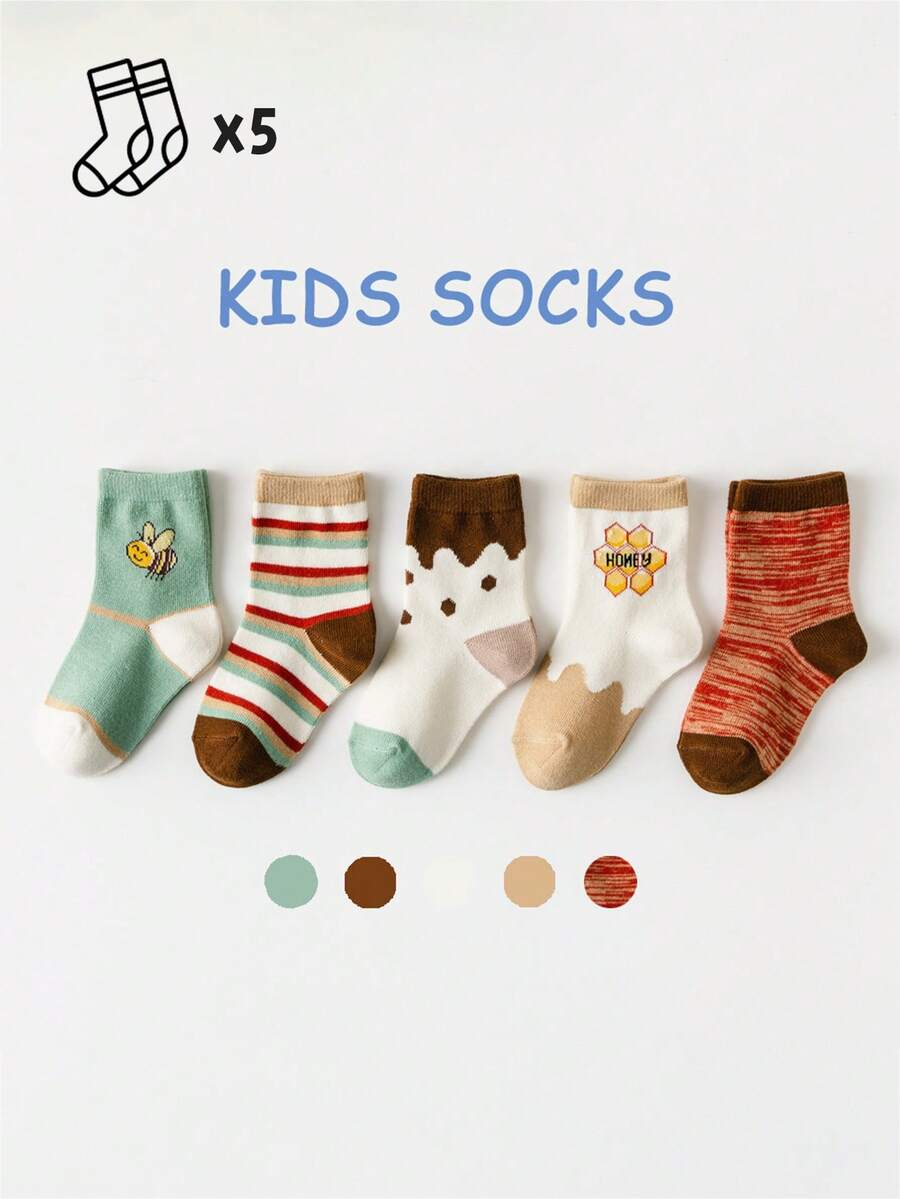 5双儿童可爱卡通蜜蜂中筒袜 - 彩色 - 查看 1