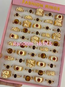 18/12/6件套复古波西米亚风奢华不对称仿虎眼石戒指套装，简约设计，百搭，适合作为节日、周年纪念日、生日礼物送给女性。 - 金黃色 - 查看 6