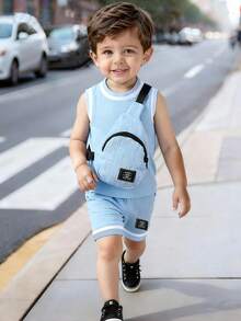 Bhchntiy 男婴夏季新款罗纹领纹理面料纯色上衣、短裤和斜挎包三件套休闲时尚套装 - 藍色 - 查看 4