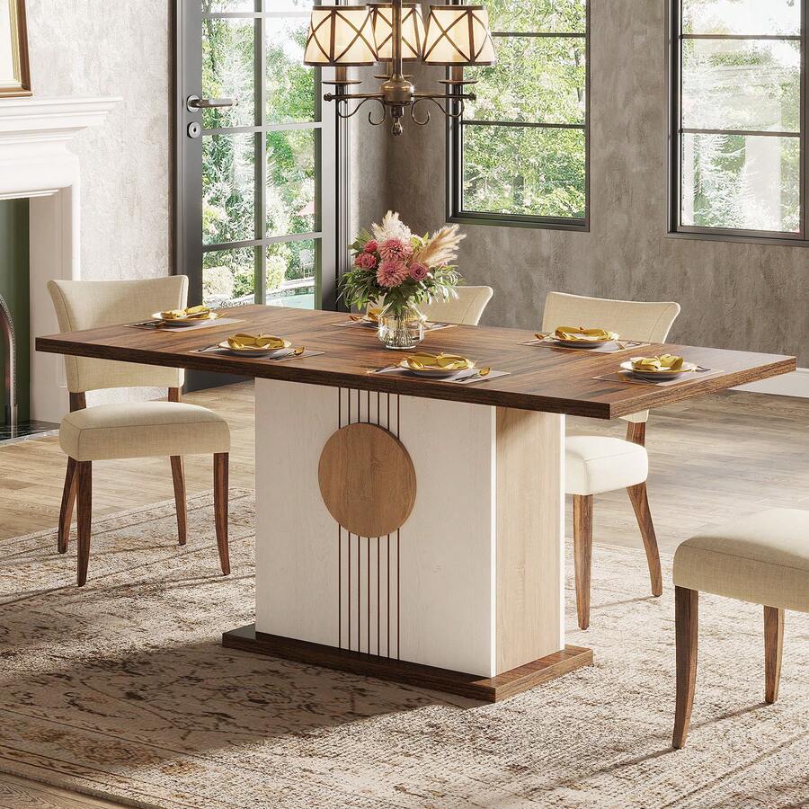 LITTLE TREE 55" Rectangular Dining Table For 4 To 6 People, Farmhouse Wood Dinner Table For Kitchen, Dining Room & Living Room - 棕色和白色 - 查看 1