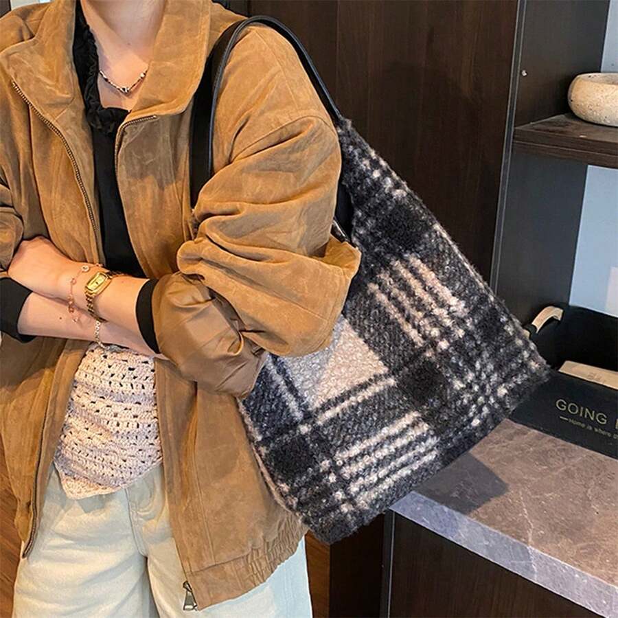Bolso de mano a cuadros para mujer, moderno y de gran capacidad, de terciopelo, ideal para viajes diarios. - Negro - Ver 1