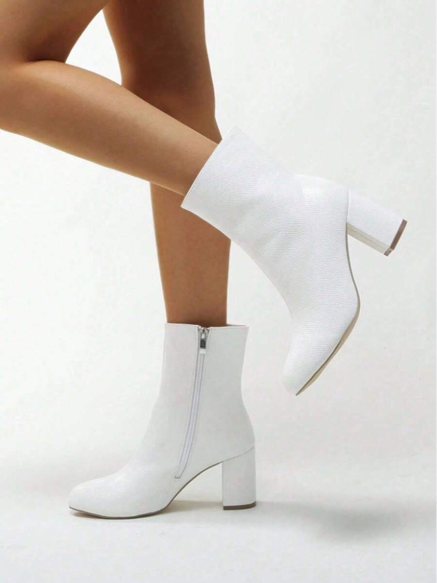 Women's High Heel Ankle Boots, Square Toe Chunky Heel Short Boots, Winter New Nude Booties - 白色 - 查看 1