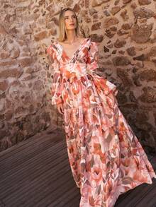 Faeriesty Printing Elegant Maxi Floral Chiffon Evening Gown With Deep V Neckline, Lantern Sleeves & Multi-Layered Cake Skirt – Floral Print In Soft Tones, Lace Trims On Cuffs & Waist, Perfect For Bridal Showers, Garden Receptions & Romantic Date Nights - Coral Orange - View 1