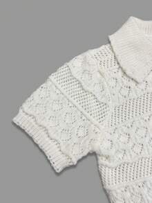 Women's New Arrival Fashionable Casual Daily Commute Solid Color Knit, Collared Half-Placket With Button Details Openwork Design Fitted Silhouette Short Sleeves Versatile Pullover Style Top, Spring Summer - Beige - View 7
