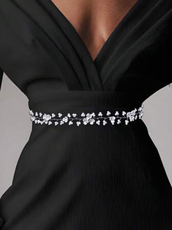 1件优雅新娘水晶水钻腰带，银色闪亮水晶和弹力珍珠装饰腰带，婚纱配饰，女士时尚腰链，适合婚礼、生日、派对、节日佩戴，彰显魅力