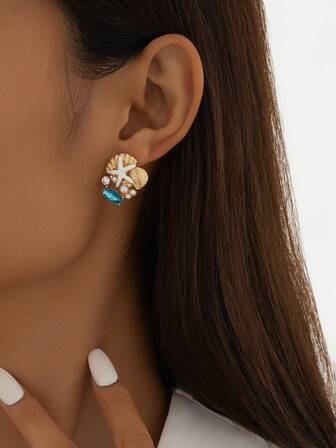 1 par de pendientes de botón elegantes y lujosos con forma de concha y decorados con rhinestones, adecuados para el uso diario de las mujeres