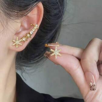 Rhinestone Snowflake Ear Cuff Earrings, Fashionable High-End Unique Design Ear Accessories For Women, Autumn/Winter