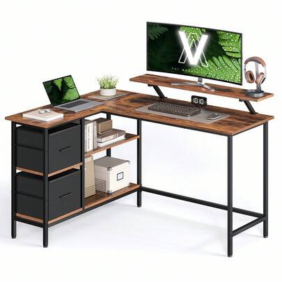 L-Shaped Desk With 2 Spacious Drawers, Gaming Desk With Monitor Stand, Corner Desk, Computer Desk With Adjustable Storage Shelf, For Home Office, Rustic Brown