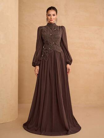 YISIKADO 3D Blomma Pärlstav Stamen Dam Chiffongklänning Balklänning Festklänning Långärmad Hög Hals Elegant Tebjudning Blygsam Bröllopsgäst Examen Konsert Bankett Middag