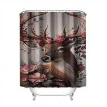 4pcs Christmas Winter Atmosphere Shower Curtain Set, Deer With Floral Antlers Pattern, Foldable High-Quality Shower Curtain Set, Polyester Digital Print Pattern Shower Curtain No-Drill Partition Bathroom, Best For Bathroom Decoration And Gift Giving, Bathroom Decor, Christmas Decorations - 4PCS - View 6