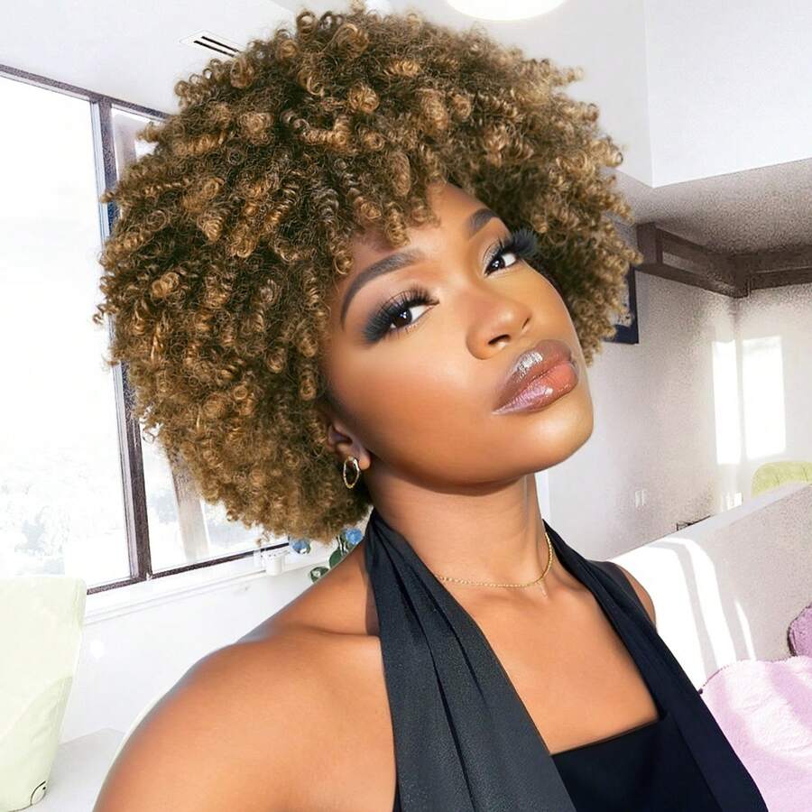 短款脏辫假发，短款非洲卷发编织假发，女士短款卷发假发，仿脏辫扭辫渐变棕色合成假发，6英寸 - 彩色 - 查看 1