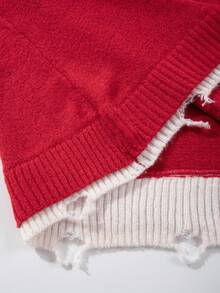 Unisex Casual Crew Neck Patchwork Distressed Hem Long Sleeve Knit Sweater, Loose Fit, Suitable For Autumn And Winter