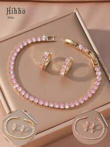 Hihho 3pcs Cubic Zirconia Wedding Jewelry Set, Bridal Cubic Zirconia Tennis Bracelet, Women Jewelry Set