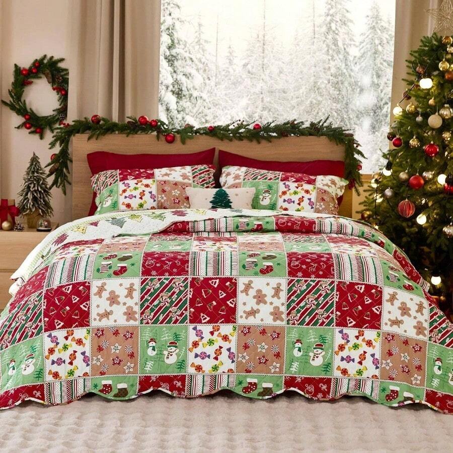 Quilt Size - Red Quilts Size Bed, Multicolor Patchwork Printed Pattern Bedding, Soft Lightweight Coverlet Bedspread 90 Inchx96 Inch - 00 - Christmas Red + Queen / Full - View 1