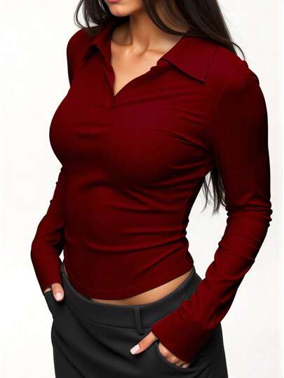 Women's Sportswear Casual Tight-Fitting Polo Collar V-Neck Cardigan Long Sleeve Top, Suitable For Outdoor Leisure, Running, Sports, Yoga And Exercise Spring