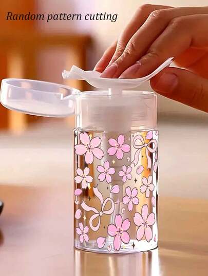 Cherry Blossom Pink Bow Flower Cup With Transparent Pump Bottle - Made Of Fragrance-Free Plastic, Suitable For Cosmetics And Nail Polish Remover - Portable Travel Essential, Easy To Operate With One Hand, Hygienic Disposable Design, Skin Care Liquid Container, Practical Beauty Accessory, Easy To Use, A Must-Have For Mail Carriers, Pattern Randomly Cut.