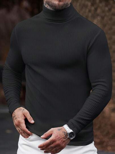 Men's Vintage Casual Slim Fit Ribbed Turtleneck Long Sleeve T-Shirt, Autumn/Winter