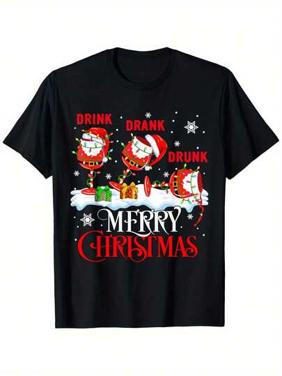Men'S Funny Christmas Drunk Drinking T-Shirt - 100% Crew Neck Short Sleeve With "Drink Merry" Santa & Graphic, Holiday Party Humor Apparel For Casual Wear & Xmas Gatherings - Soft Breathable All-Season Comfort Fit (Drinking Age 21+)