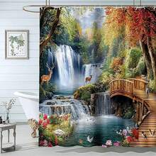 1Pc Stunning Autumn Bridge Lake Shower Curtain, Orange Tree Bridge Lake Scenery Design, Impermeable Polyester Fabric,   Washable With 12 Hooks, Seasonal Bathroom Decor, Perfect For Bathroom, Autumn Enthusiast's Bathroom Gift, Shower Curtain Sets For Bathrooms - 酒紅色 - 查看 1