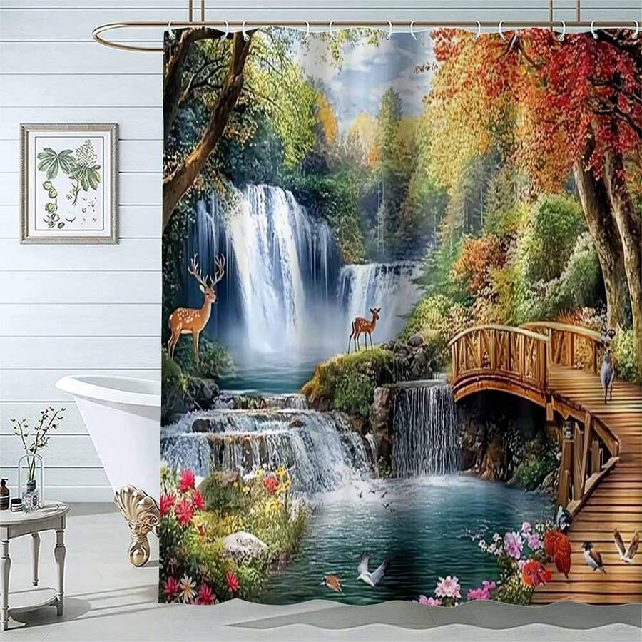 1Pc Stunning Autumn Bridge Lake Shower Curtain, Orange Tree Bridge Lake Scenery Design, Impermeable Polyester Fabric,   Washable With 12 Hooks, Seasonal Bathroom Decor, Perfect For Bathroom, Autumn Enthusiast's Bathroom Gift, Shower Curtain Sets For Bathrooms - 酒紅色 - 查看 1