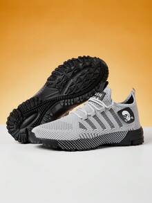 Men's Breathable Knit Casual Sports Running Shoes, Suitable For All Seasons - Grey - View 3