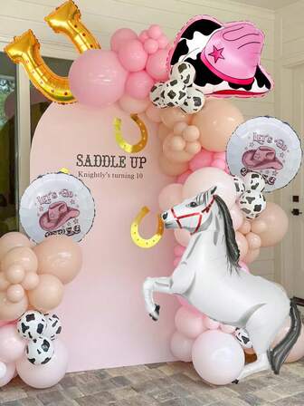 5pcs/Set Western Theme Birthday Party Decoration Set, Includes Horseshoe Balloons, White Horses, Pink Star Cowboy Hats, 18" Pink Cowboy Hat Foil Balloons, Suitable For Western Theme Balloon Birthday Party Decor, Bachelor Party Decor, Hanging Decoration Indoor & Outdoor