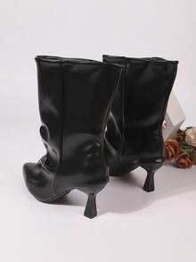 2025秋冬新款黑色尖头褶皱套脚高跟踝靴，宽筒设计，优雅通勤日常百搭时尚靴，黑色短靴，大码女鞋，猫跟 - 黑色 - 查看 7