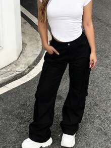 These New Women's Solid-Color Cargo Pants Are Casual, Comfortable, Lightweight, And Versatile. They Can Be Easily Paired With Everyday Outfits And Are Suitable For Parties Or Commuting. - 黑色 - 查看 2