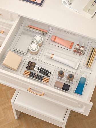 1pc/5pcs/7pcs/18pcs Transparent Plastic Drawer Organizers Set, 4-Size Versatile Bathroom And Vanity Drawer Organizer Trays, Storage Bins For Makeup, Bedroom, Kitchen Gadgets Utensils And Office, Kitchen Organizers And Storage, Gifts For Women, Christmas Gifts, Gift Ideas For Women