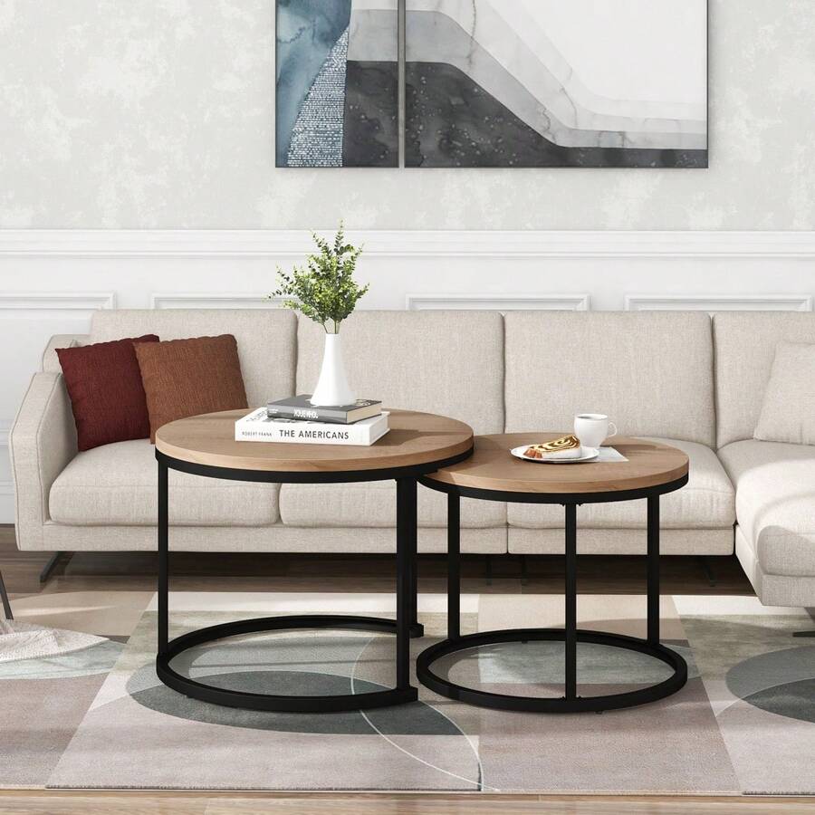 Set Of 2 Round Coffee Tables, Stackable Round Side Tables For Living Room, 2 Round End Tables - Oak + MDF - View 1