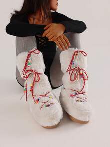 Women's Faux Fur Boots Winter Warm Fluffy Furry Mid Calf Snow Boots Flat Heel Comfortable Pull On Bead Embellished Shoes Christmas Gift - 米色 - 查看 7