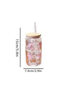 1pc Bow Printed Water Cup With Lid & Straw, 16oz Canned Ice Coffee Cup, Tea Juice Milk Gift, Office Restaurant Classroom Picnic Party Use - Multicolor - View 3
