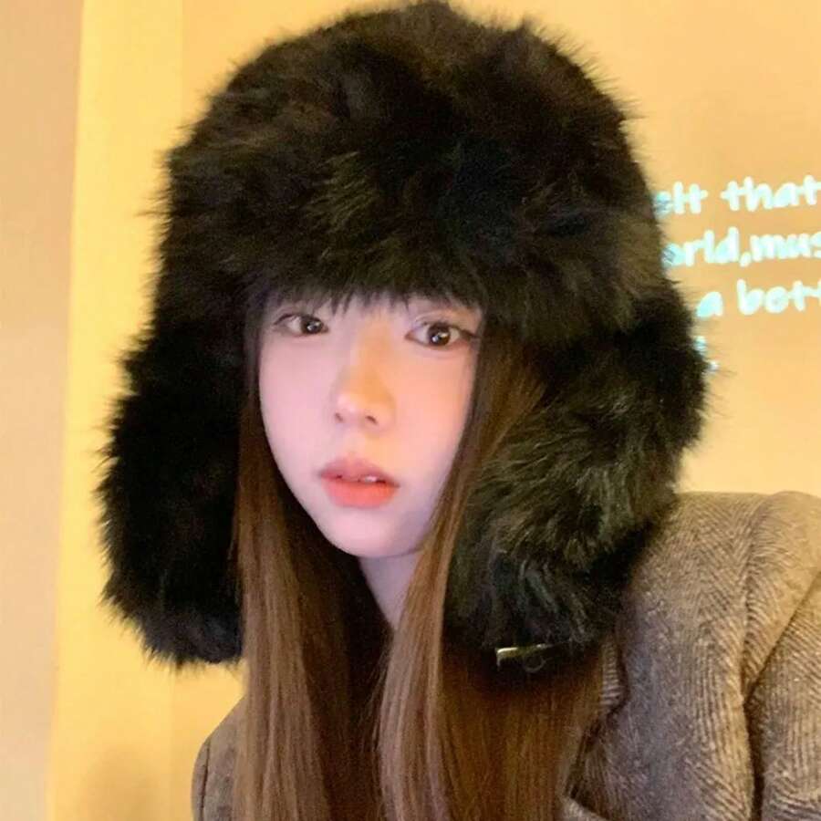 Nueva gorra de bombardero de piel sintética gruesa para invierno, cálida, con protección para las orejas, a prueba de viento, anti-frío, con orejeras peludas para esquiar - Negro - Ver 1