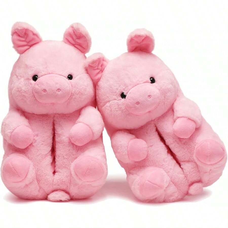 Bashful Teddy Bear Plush Slippers For Women,Pig Slippers,Cozy Plush Animal Slipper With Face-Pawing Shy Design,Non-Slip Fuzzy Winter Indoor House Shoes, Birthday Christmas Gift Ideas (US Sizes 9-12)Christmas - 豬-01-粉紅色 - 查看 1