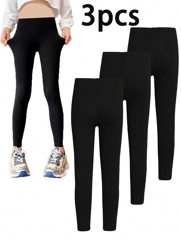 3pcs/Set Young Girl Solid Color Leggings, Children Tight Pants, Suitable For Spring, Summer, Autumn, Winter