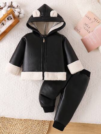 男婴休闲舒适时尚保暖经典连帽保暖黑色仿皮拉链外套和纯色加厚长裤户外保暖套装，秋冬季