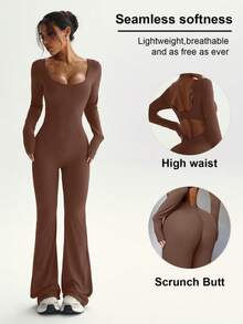 FWH Jumpsuit seksi dan elastis ini memiliki desain bagian bokong berkerut, efek mengangkat dan melangsingkan, bra bawaan yang dapat dilepas, lengan panjang, desain punggung yang elegan, kaki melebar kelas atas, kontrol perut pinggang tinggi, mencerahkan dan membuat tampak bercahaya. - Coklat - View 2