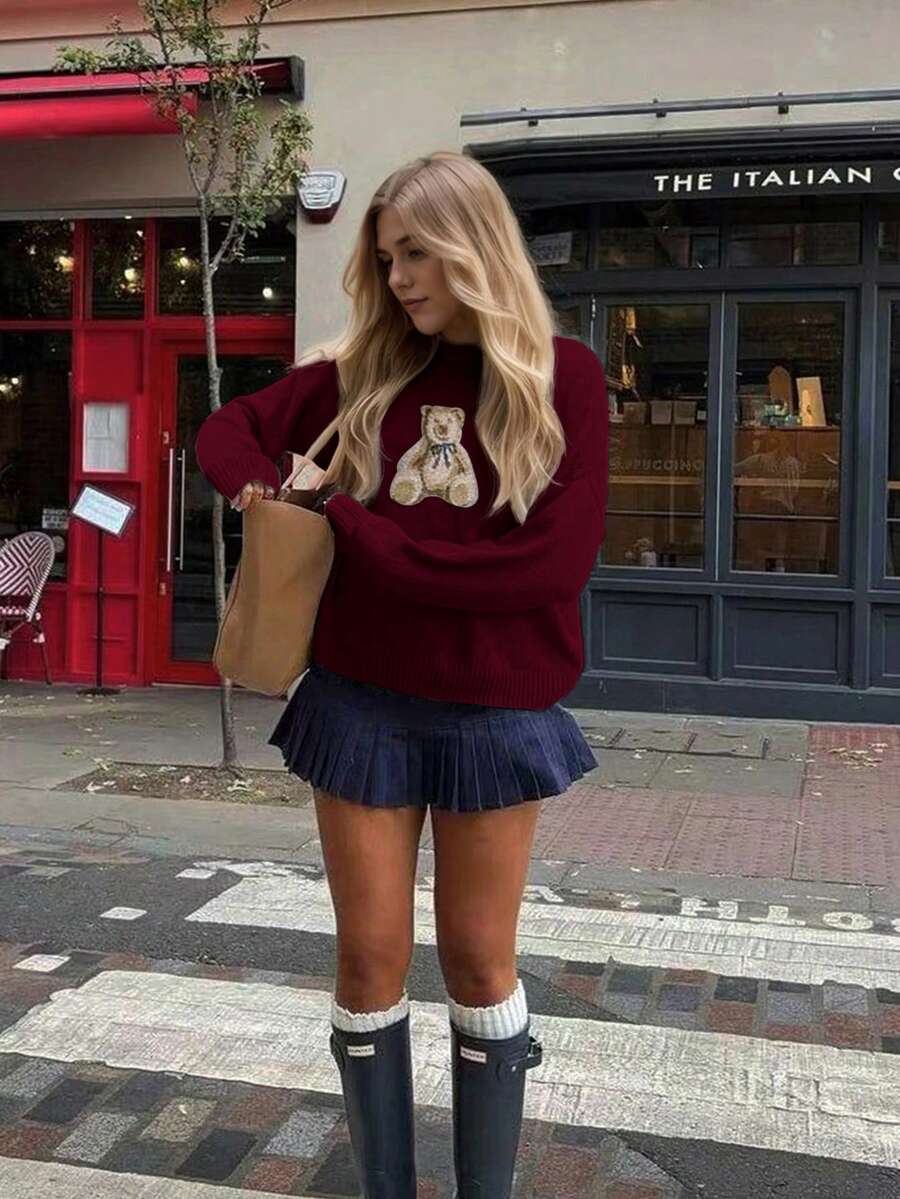 2026 Début Automne Nouveau Pull Femme décontracté Élégant Rendez-vous Mignon Ours dessin animé Col Rond Manches Longues pull Tricot, Anniversaire, Vacances d'Été, Top Élégant Femme, Streetwear, Enseignante, Hiver, Automne, Rentrée Scolaire, Fête