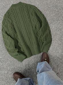 Pull col roulé zippé mi-hauteur en tricot torsadé de couleur unie pour hommes, automne/hiver - Militaire verte - Voir 3