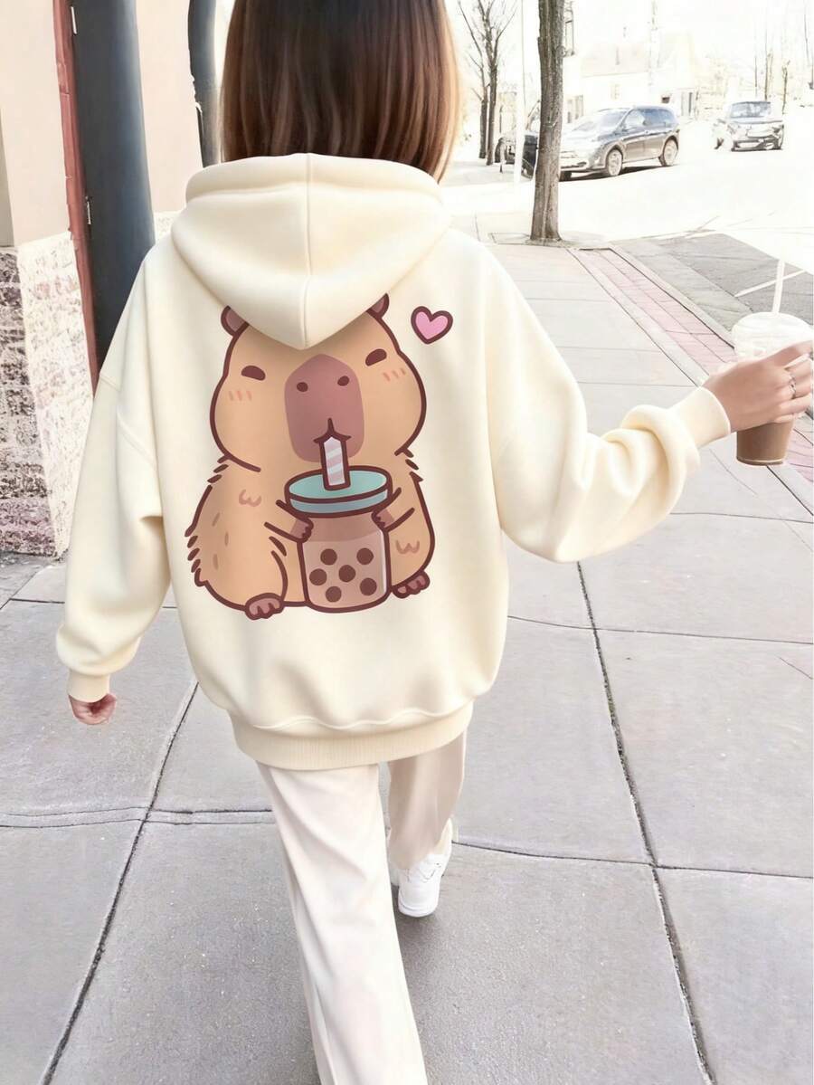 1pc Tween Girls Casual Printed Pullover Hoodie Sweatshirt, Fleece Lined, Long Sleeve, Autumn/Winter Student Youth Clothing