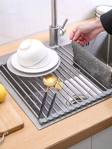 1 pieza Escurridor de platos enrollable, Rejilla escurreplatos multifuncional de acero inoxidable sobre el fregadero, Rejilla portátil enrollable de acero inoxidable, Felpudo para el fregadero, Utensilio de cocina - Multicolor - Ver 3