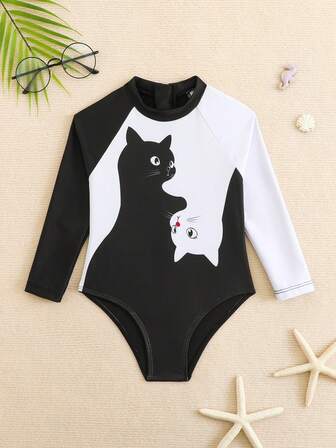 小女孩可爱黑白猫咪印花长袖连体泳衣