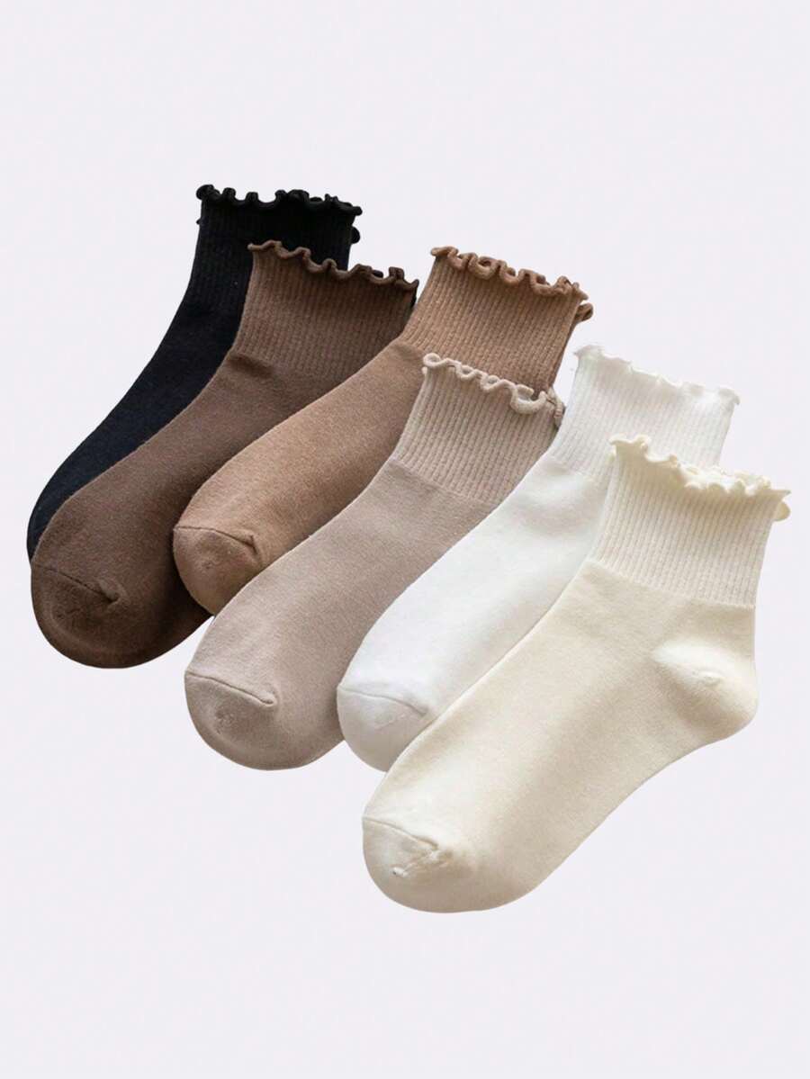 Loungeista 6 đôi tất trơn viền bèo nhún cho nữ, mềm mại và thoải mái, thích hợp mặc hàng ngày, ngày lễ, ngoài trời, mọi mùa, mùa thu - Nhiều màu - Xem 1