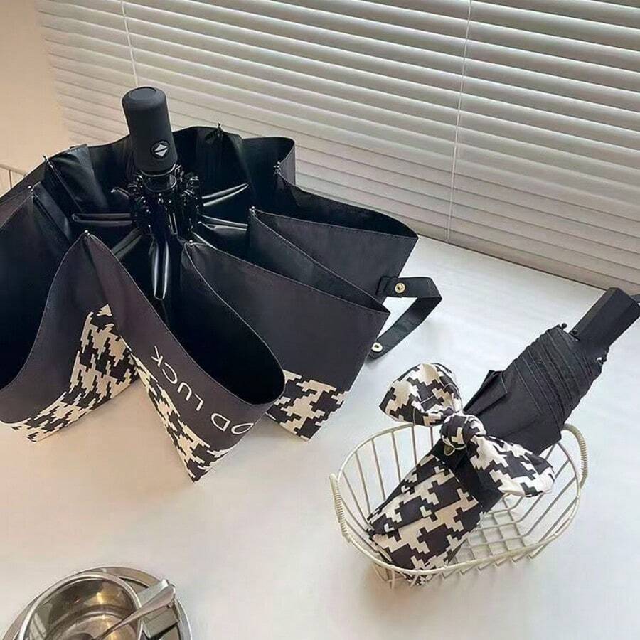 8 Ribs Automatic Umbrella, Houndstooth Pattern, UV Protection, Portable Folding Umbrella For Outdoor Travel