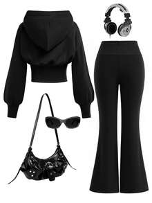 Tween Girl Letter Graphic Hoodie Sweatshirt And Flare Pants Set - Black - View 2