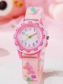 1pc Cute Pink Butterfly Print Quartz Watch, Suitable For Birthday Gift , Christmas Gift, Teenager Creative & Unique - Multicolor - View 3