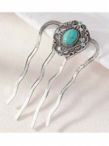 1 件简约复古银色绿松石色女士发夹发梳，适用于侧发、婚礼、发饰、头部饰品等场合，是女士的理想发饰。 - 彩色 - 查看 4