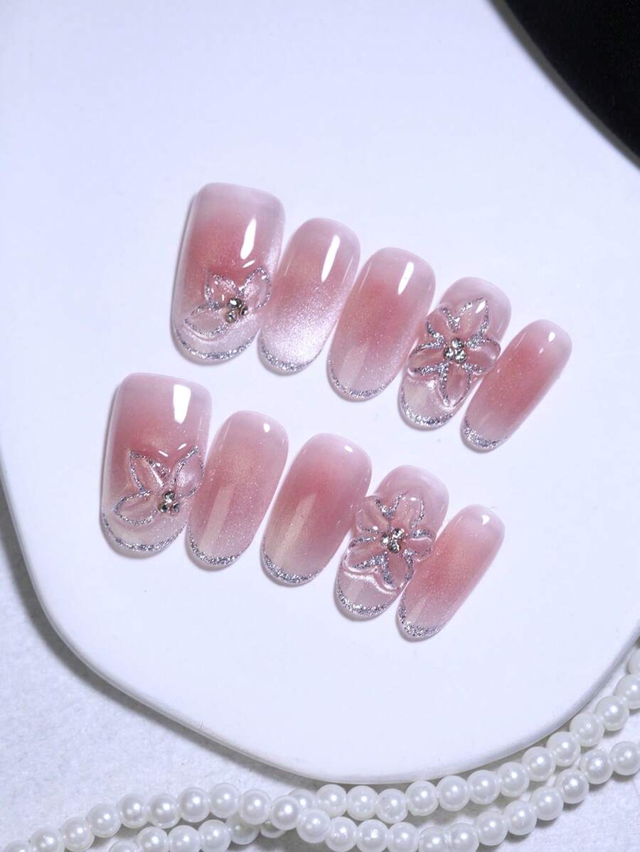 10pcs Oval Short Glossy Silk Cat Eye Blush Pink 100% Handmade Press On Nails French Nail Art Design Hand Drawn Flower Nail Decoration False Nails Reusable Long Lasting Fake Nail Tips For Bride Party Handmade Press On Nails - Pink - View 1