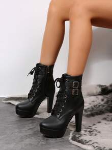 Thick Heeled Round Toe High-Heeled Waterproof Platform Short Tube, Side Zipper, Fashionable Women's Boots, Solid Color Metal Strip With Buckle, Women's Winter Boots,High Heels - Black - View 3