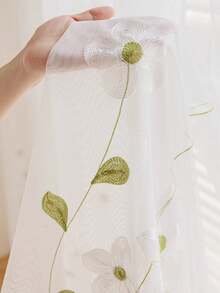 1pc White Magnolia Embroidered Sheer Curtain, Voile Curtain For Bedroom, Balcony, Room Divider, Modern Translucent Home Sunscreen Curtain